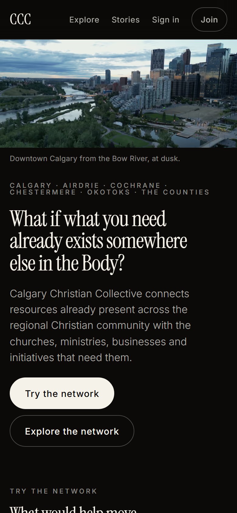 Calgary Christian Collective website on a phone — the What If What You Need Already Exists headline above Try the Network