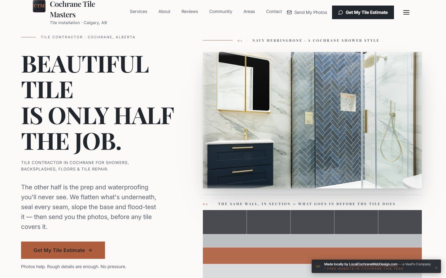 Cochrane Tile Masters website by Local Cochrane Web Design — tile contractor web design with waterproofing-first messaging and local SEO