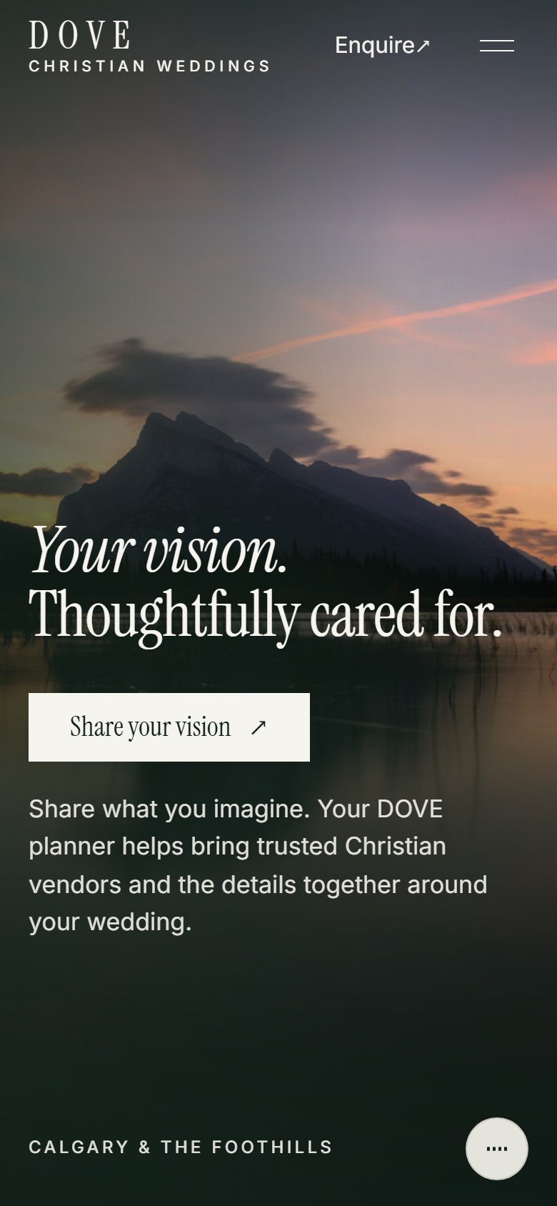 DOVE Christian Weddings website on a phone — the Your Vision, Thoughtfully Cared For hero with Share Your Vision in the thumb zone