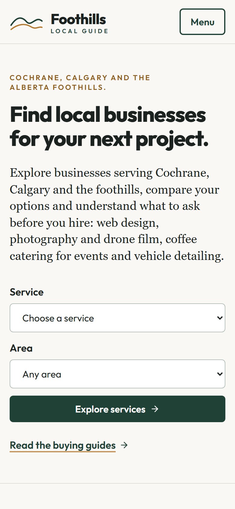 Foothills Local Guide website on a phone — the service and area finder beneath the Find Local Businesses headline