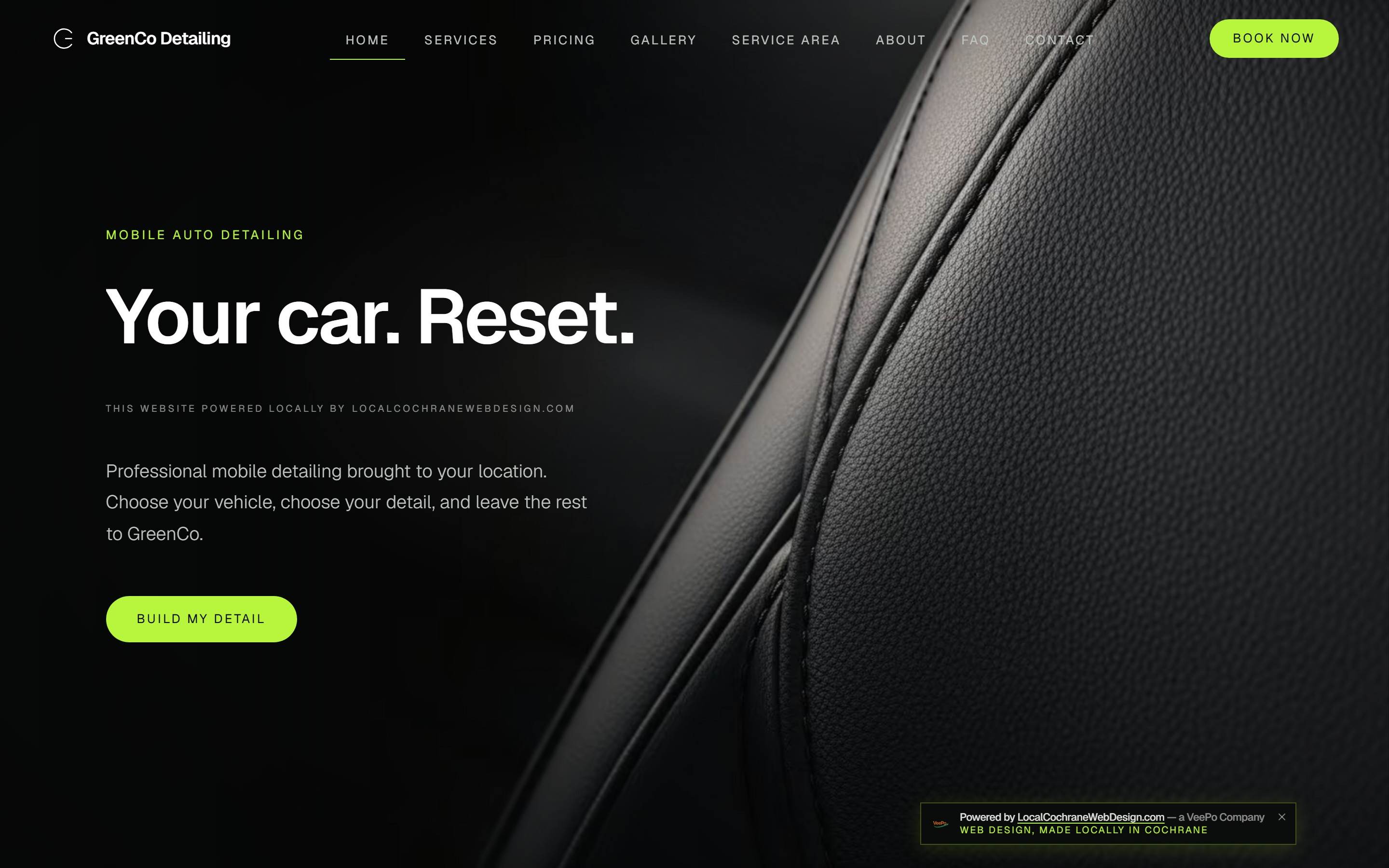 GreenCo Detailing website by Local Cochrane Web Design — mobile car detailing web design with published pricing and programmatic local SEO