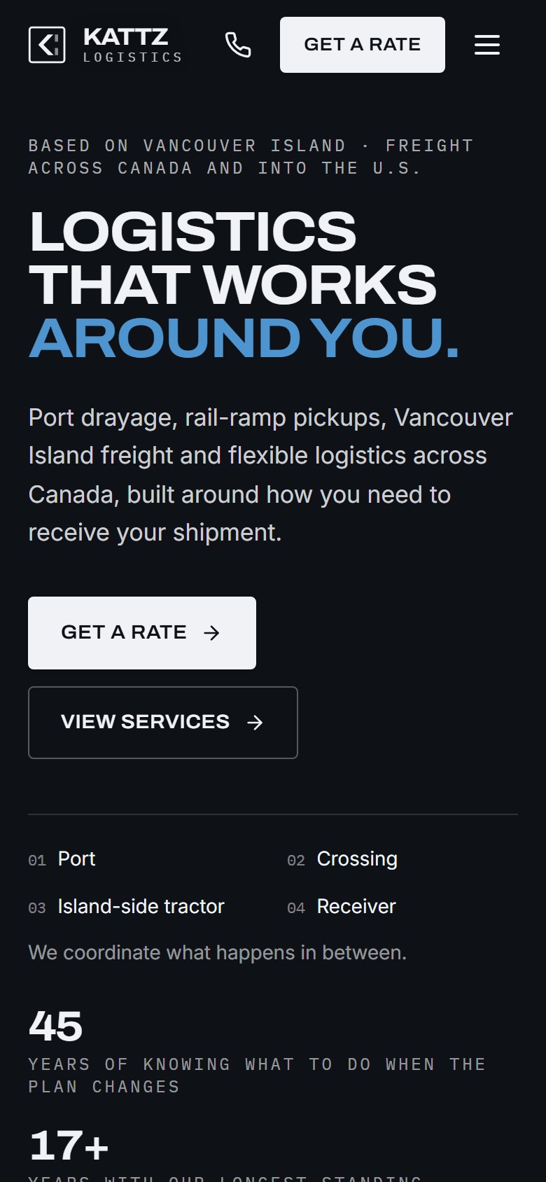 Kattz Logistics website on a phone — the Logistics That Works Around You hero with Get a Rate and a tap-to-call number in the thumb zone