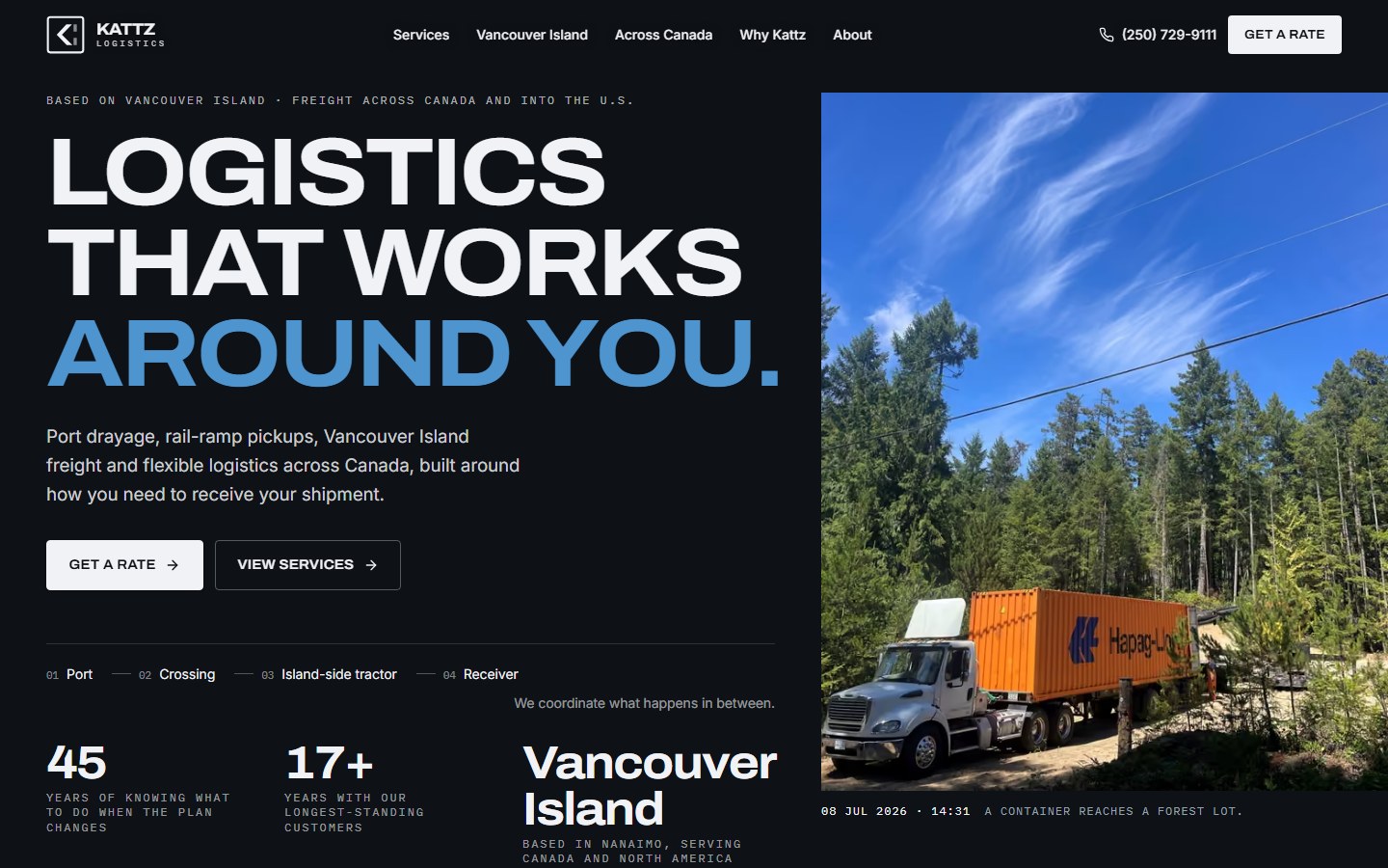 Kattz Logistics website by Local Cochrane Web Design — freight and logistics web design with a photographed four-step rate request, Nanaimo, British Columbia