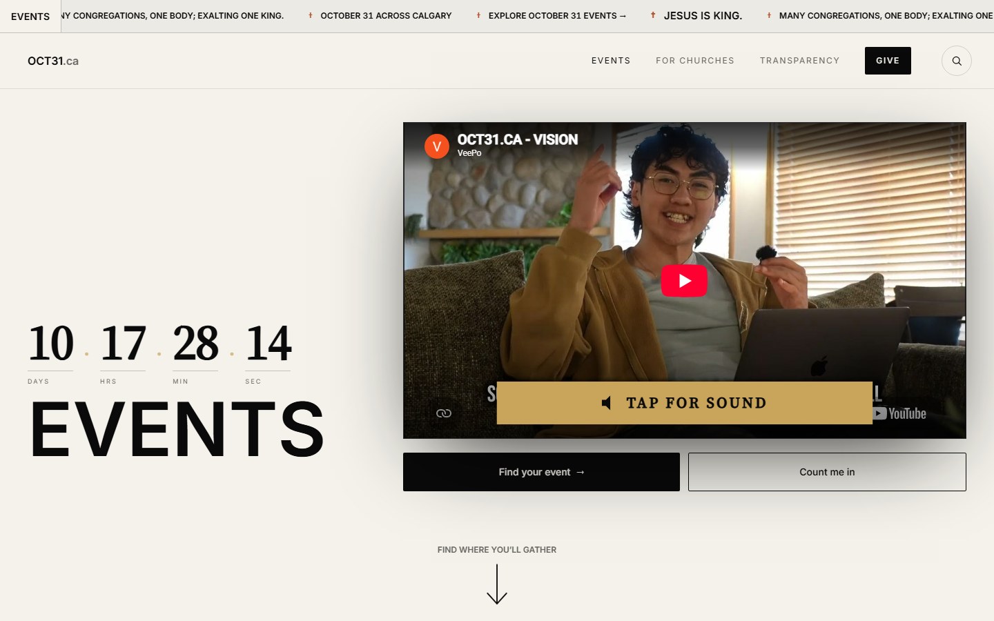 OCT 31 website by Local Cochrane Web Design — Calgary worship gathering event web design with a countdown, vision film, and one-field signup