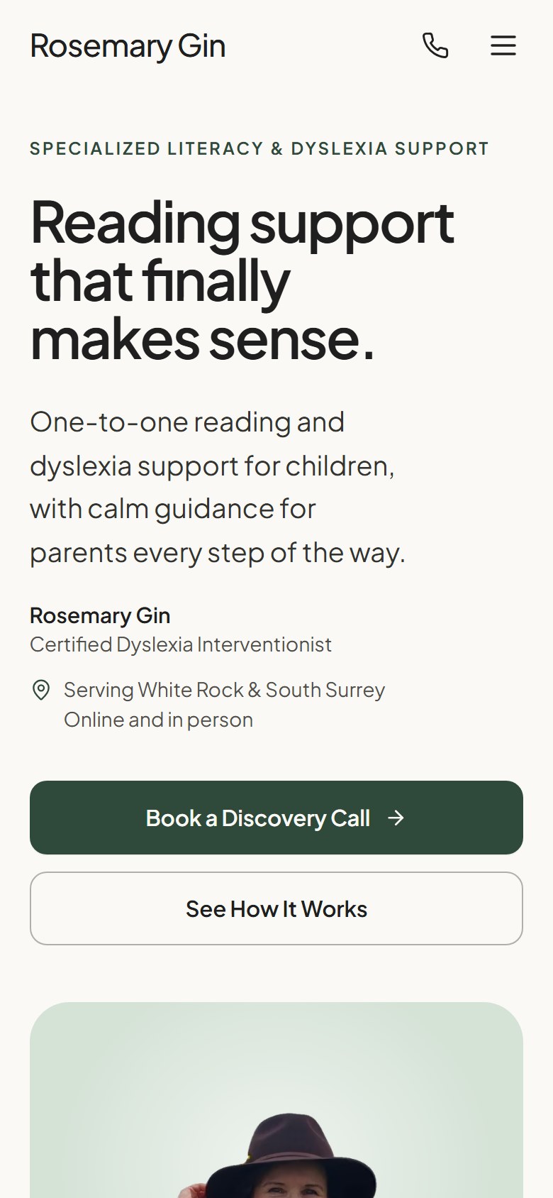 Rosemary Gin website on a phone — the Reading Support That Finally Makes Sense hero with Book a Discovery Call in the thumb zone
