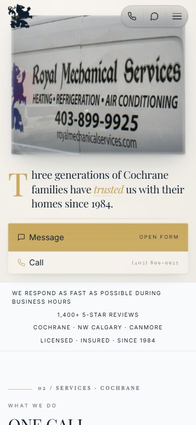 Royal Mechanical website on a phone — tap-to-call and message actions within thumb reach
