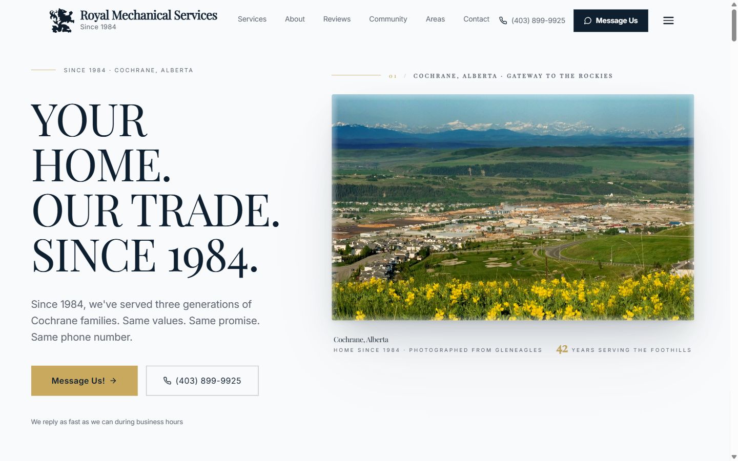 RoyalMechanicalServices.com homepage — the HVAC website Local Cochrane Web Design built for Royal Mechanical in Cochrane