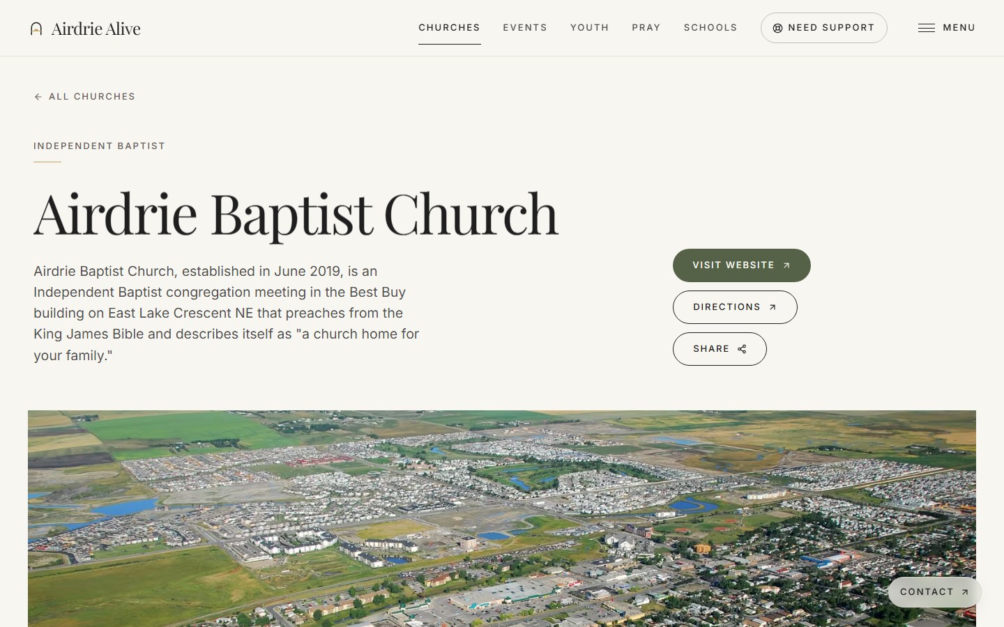 Airdrie Alive — a church profile with its provenance line (/churches/airdrie-baptist-church)