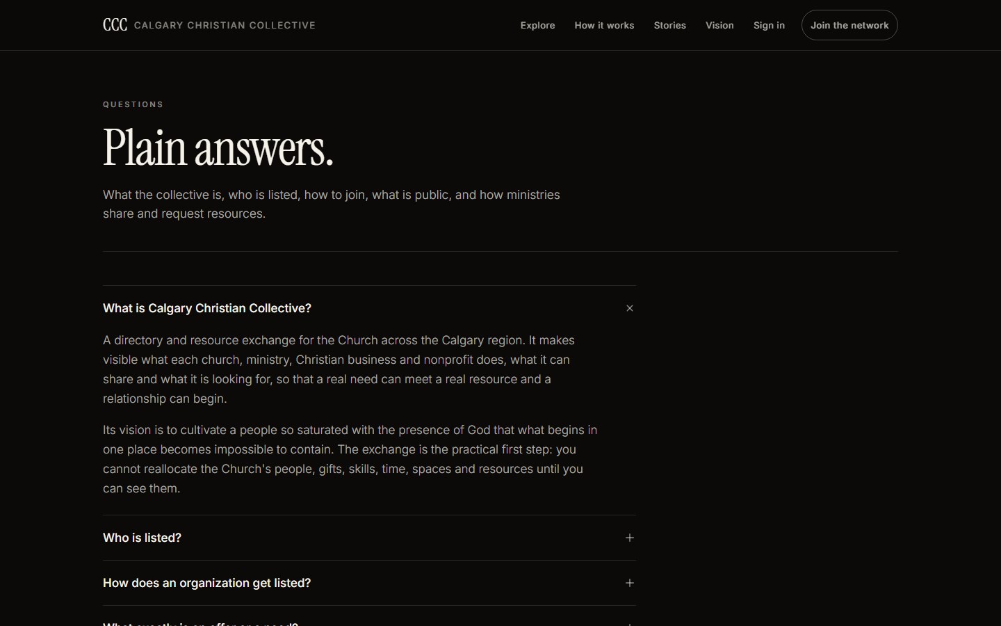 Calgary Christian Collective — plain answers (/faq)