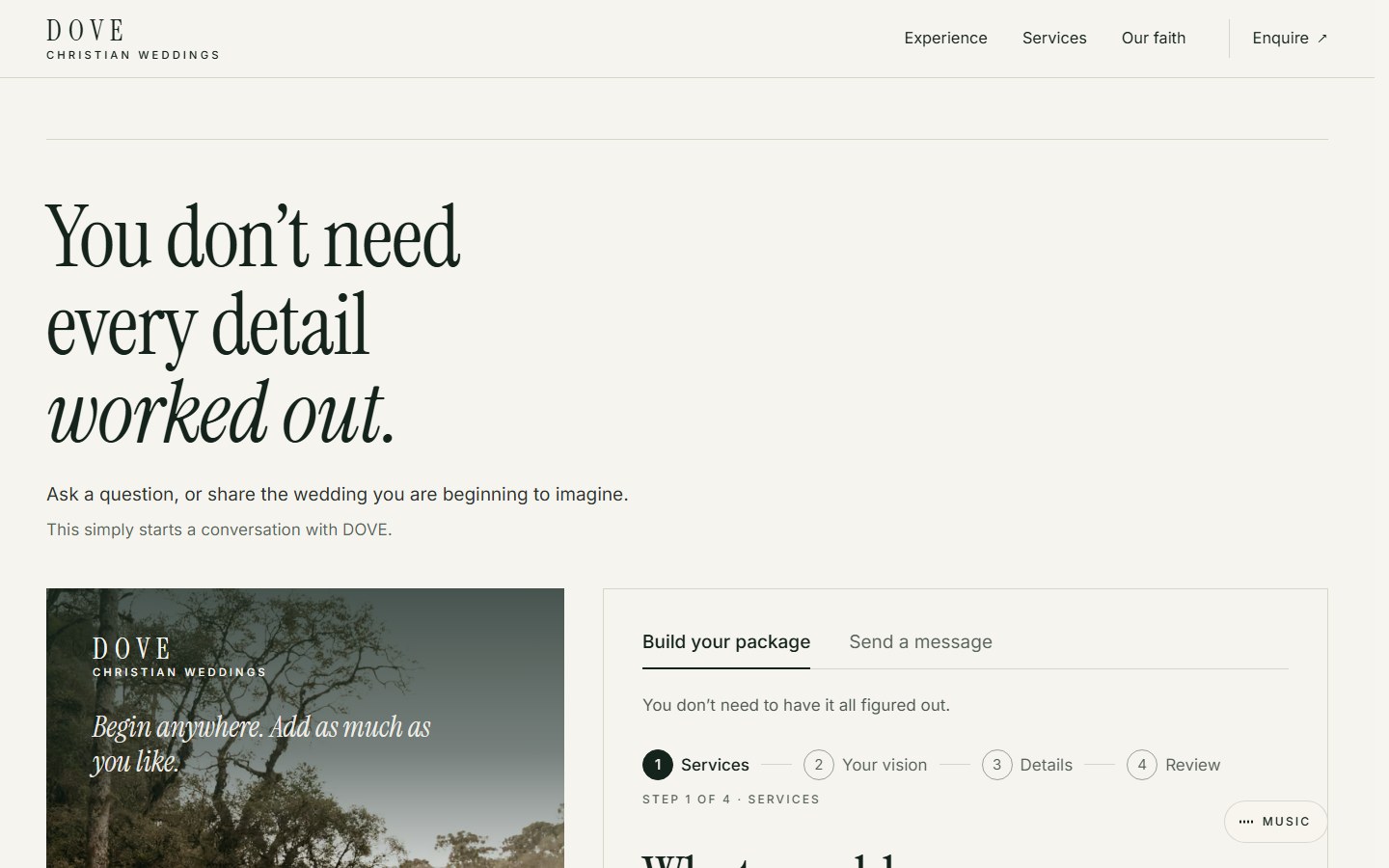 DOVE Christian Weddings — build your package, step one (/enquire)