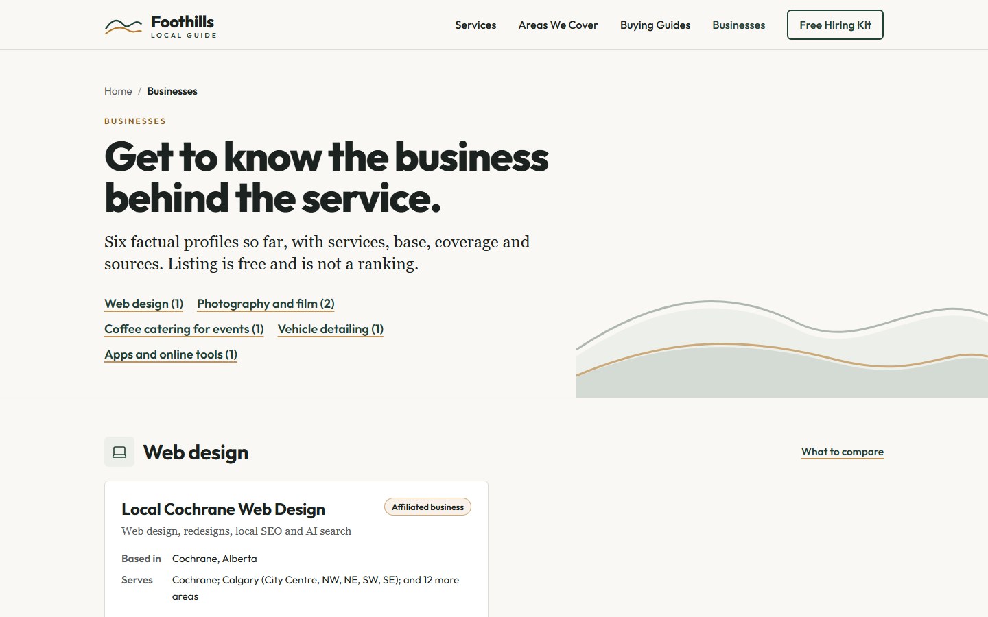 Foothills Local Guide — business directory, relationships labelled (/businesses/)