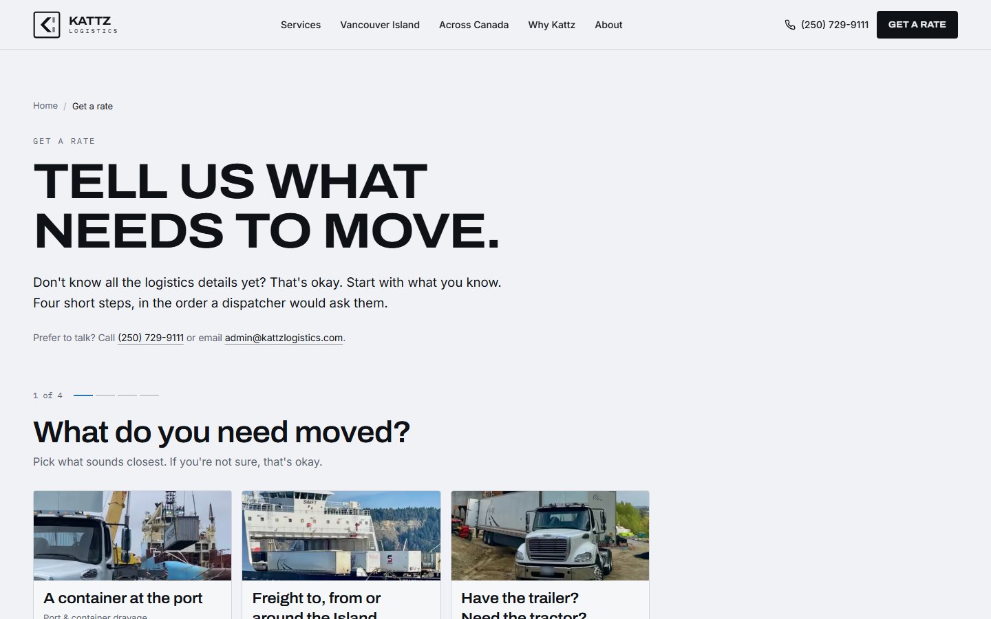 Kattz Logistics — get a rate, step one of four (/get-a-rate)