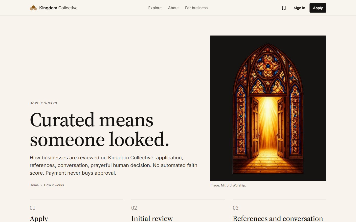Kingdom Collective — how it works: curated means someone looked (/how-it-works)