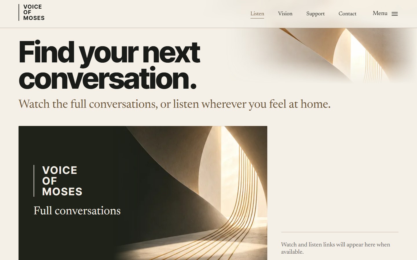 Voice of Moses — homepage: the watch-and-listen section, stated as not yet available (/)