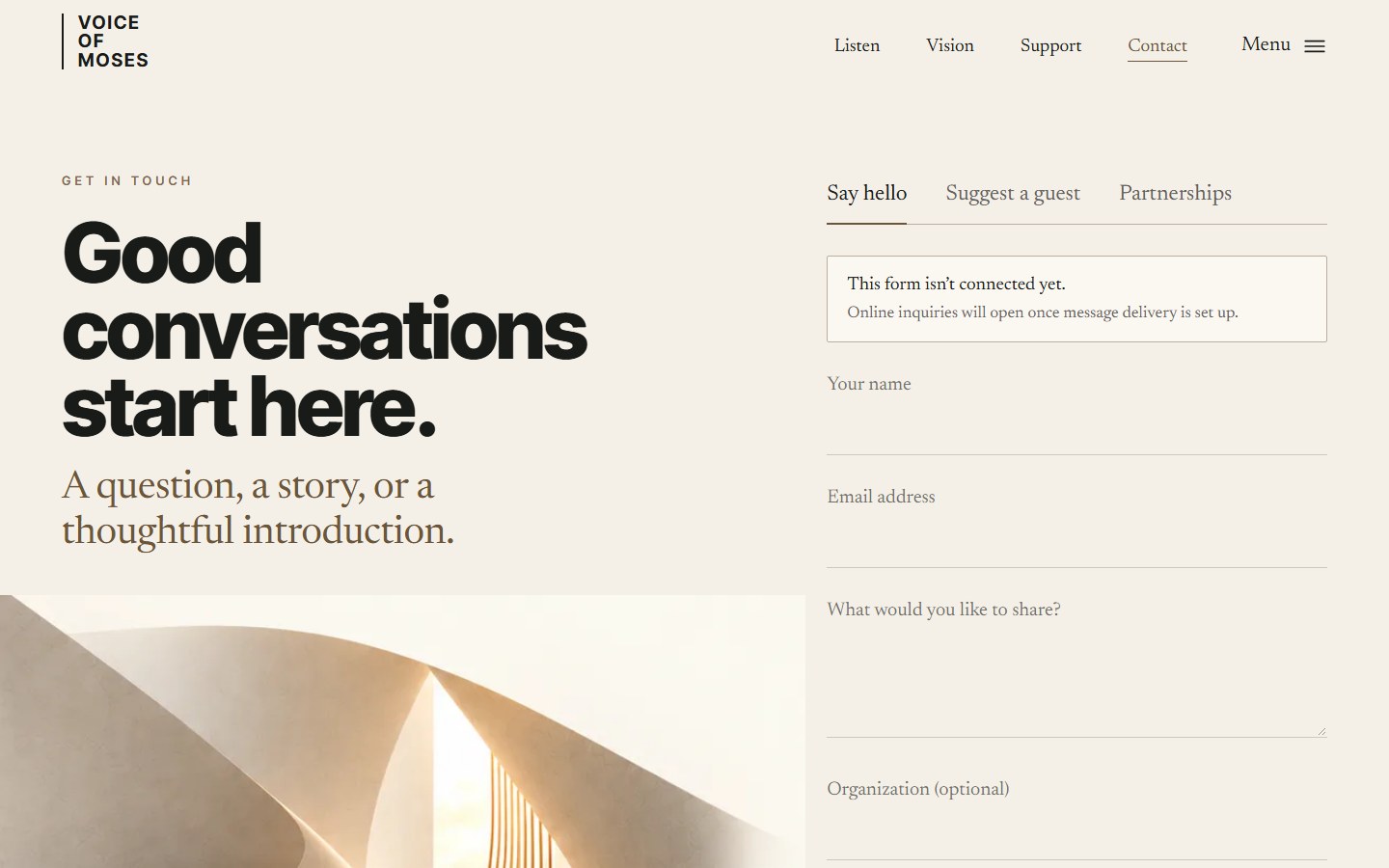 Voice of Moses — contact: the form, marked as not yet connected (/contact)