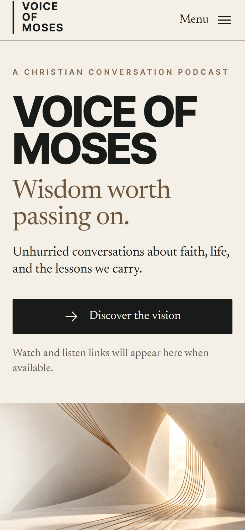 Voice of Moses website on a phone — the Wisdom Worth Passing On hero with Discover the Vision and the bottom navigation bar