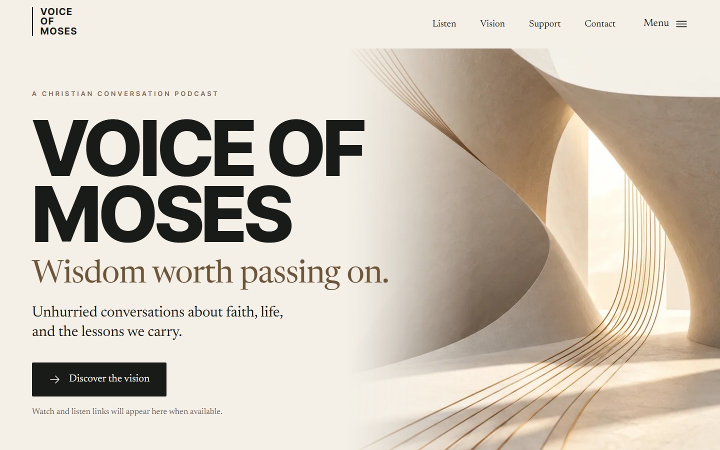 Voice of Moses website by Local Cochrane Web Design — podcast web design with honest pre-launch states and a click-to-load video facade