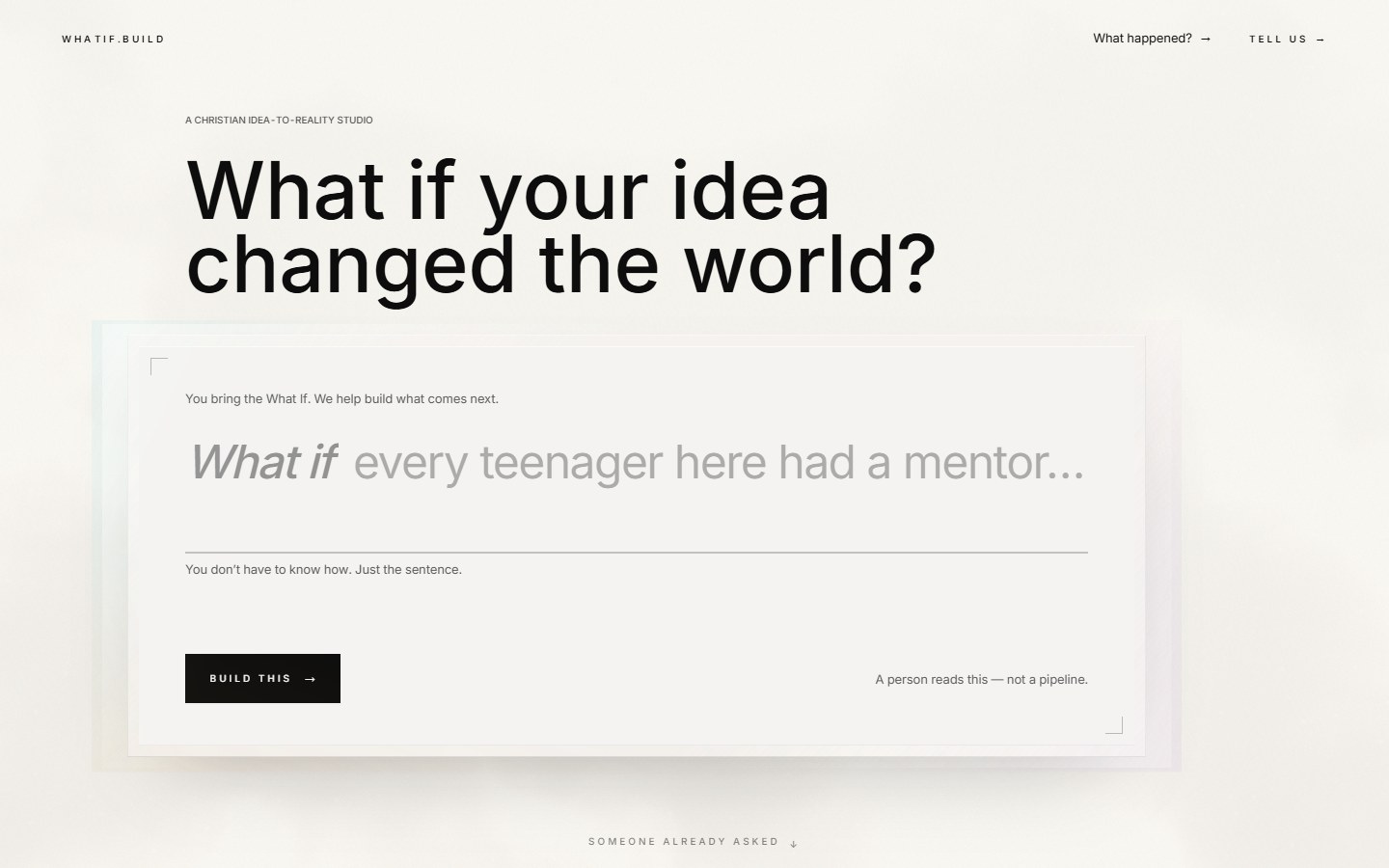 Whatif.build website by Local Cochrane Web Design — idea-submission studio web design with a pre-started What If sentence field