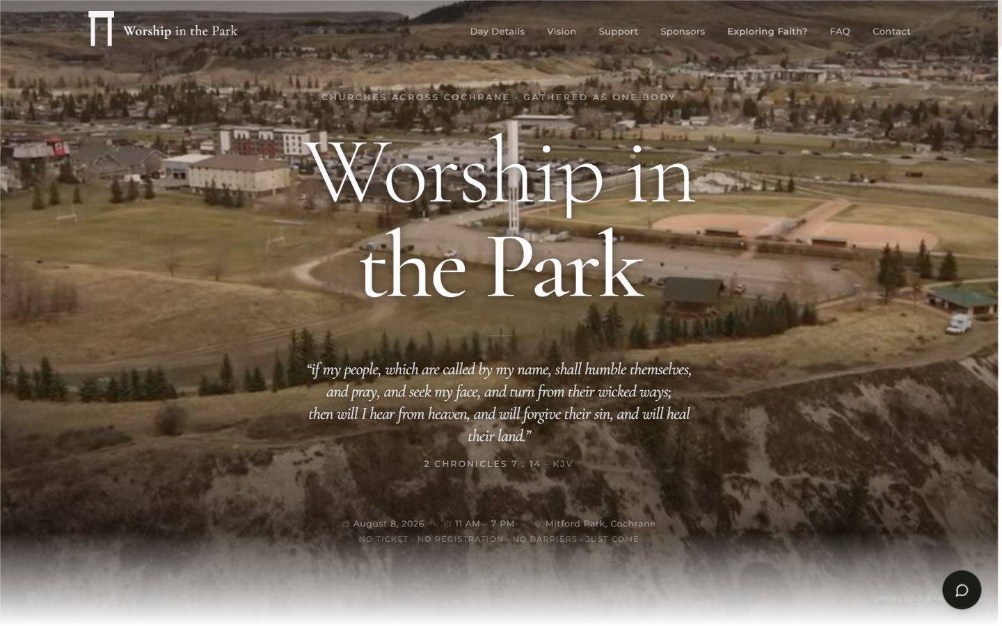 Worship In The Park website by VeePo — Christian event web design, Mitford Park Cochrane