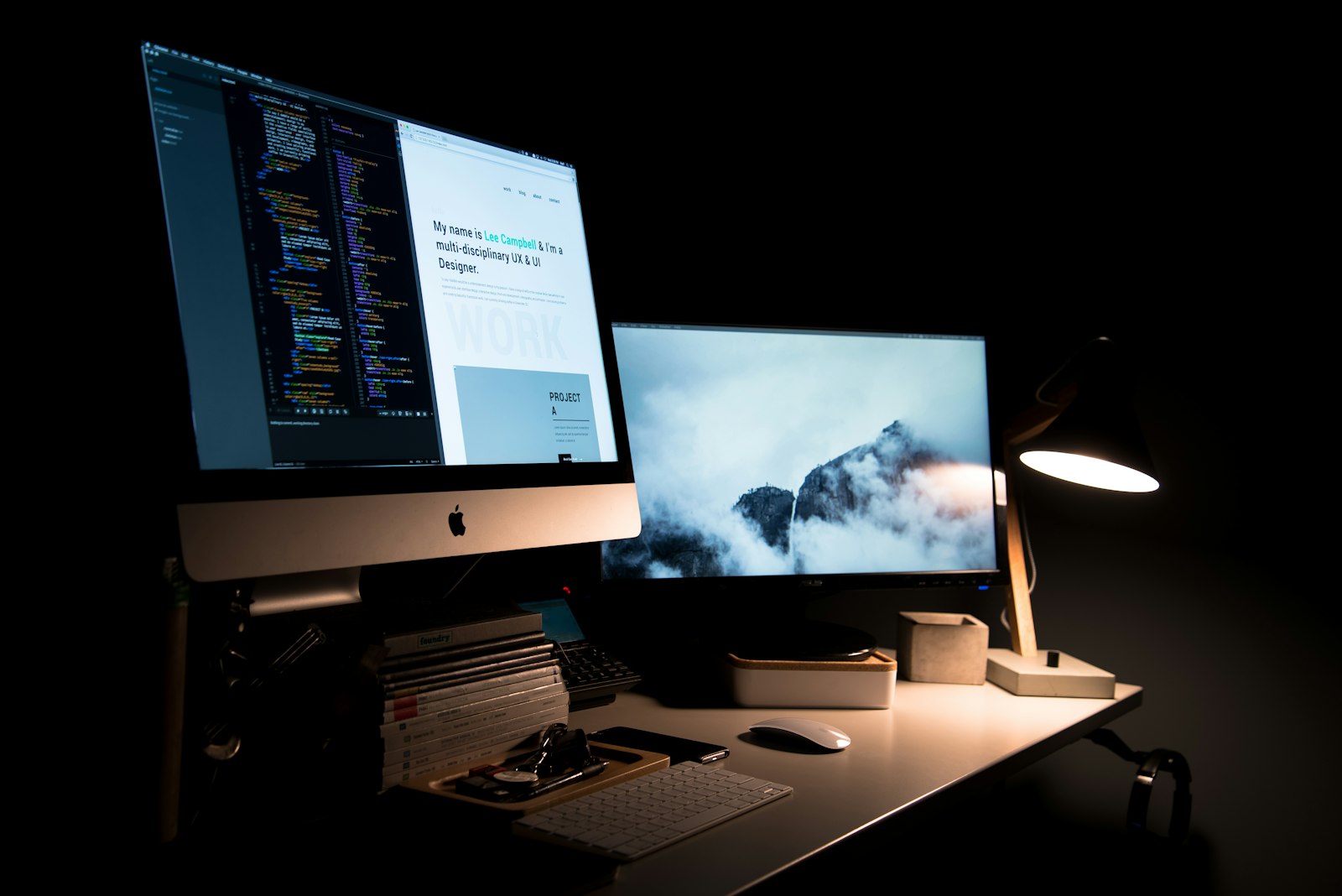 Responsive web design workspace with desktop and mobile screens in a Cochrane studio